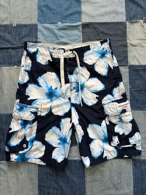 Y2K Abercrombie & Fitch Board Shorts Navy Blue Floral Baggy Cargo 36x8.5